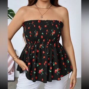 Boho Plus Size Cherry Print Smocked Tube Top Blouse Shirt Black Red